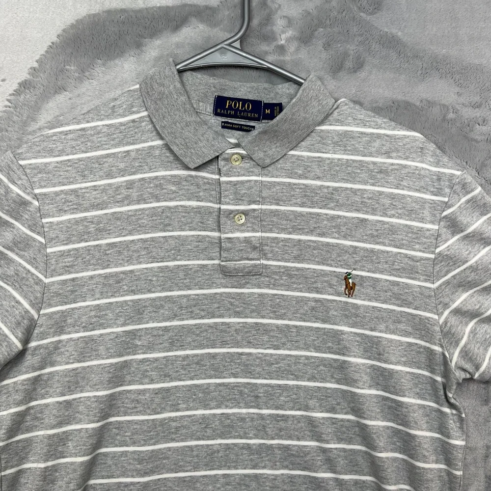 Polo Ralph Lauren Polo Shirt Mens M Grey White Striped Pima Soft Touch Logo